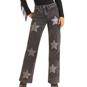 Rock & Roll Denim High Rise Star Print Relaxed Flare Jean